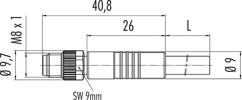 Scale drawing M8 Male cable connector, Contacts: 8, unshielded, moulded on the cable, IP67/IP69K, UL 2238, PVC, grey, 8 x 0.25 mm², 2 m