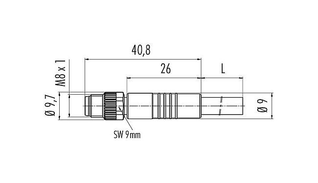 Dessin coté M8 Connecteur mâle, Contacts: 6, non blindé, surmoulé sur le câble, IP67/IP69K, UL 2238, PUR, noir, 6 x 0,25 mm², 5 m