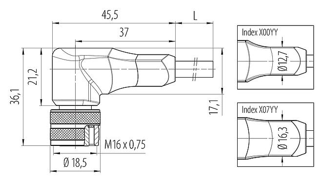 Dibujo a escala M16 Conector hembra en ángulo, Número de contactos: 5, sin blindaje, moldeado en el cable, IP67, PUR, negro, 5 x 0,34 mm², 2 m