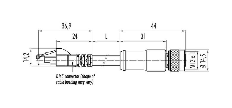 Dessin coté M12/RJ45 Câble de raccordement connecteur femelle - connecteur RJ45, Contacts: 4, blindé, moulé/sertissage, IP67, Ethernet CAT5e, TPE, bleu/vert, 2 x 2 x AWG 24, 1 m