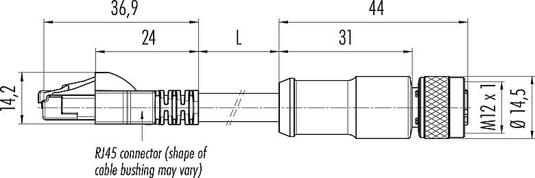 Scale drawing M12/RJ45 Connecting cable female cable connector - RJ45 connector, Contacts: 4, shielded, molded/crimp, IP67, Ethernet CAT5e, TPE, black, 2 x 2 x AWG 24, 2 m