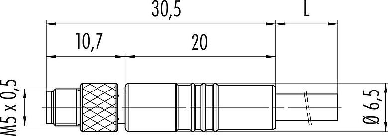 Dibujo a escala M5 Conector de cable macho, Número de contactos: 3, blindado, moldeado en el cable, IP67, UL 2238, M5x0,5, PUR, negro, 3 x 0,14 mm², 2 m