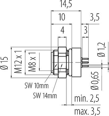 Scale drawing M8 Female panel mount connector, Contacts: 3, unshielded, THT, IP67, UL 2238, M12x1.0, Rear mounting, potted