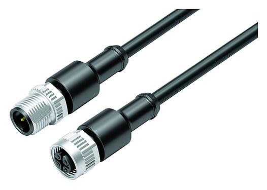 Illustration M12 Connecting cable male cable connector - female cable connector, Contacts: 3, unshielded, moulded on the cable, IP67/IP69K, UL 2238, PUR, black, 3 x 0.34 mm², 10 m