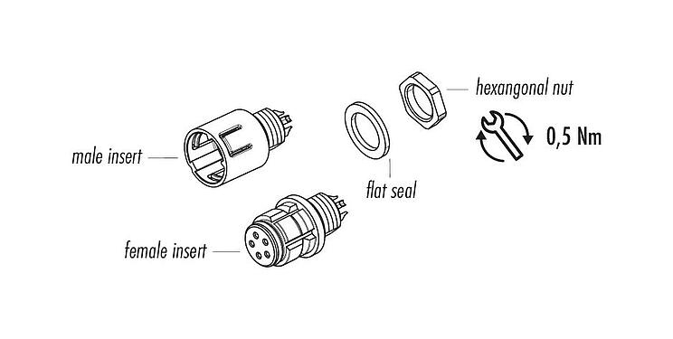 Component part drawing Snap-In Male panel mount connector, Contacts: 3, unshielded, solder, IP67, UL 2238, M8x0,75, Front mounting