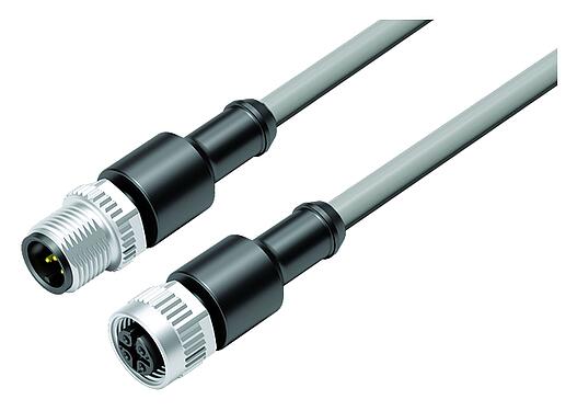 Illustration M12 Connecting cable male cable connector - female cable connector, Contacts: 5, unshielded, moulded on the cable, IP67/IP69K, UL 2238, PVC, grey, 5 x 0.34 mm², 5 m