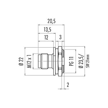 Scale drawing 09 0435 87 04 - M12 Male panel mount connector, Contacts: 4, unshielded, solder, IP67, PG 11