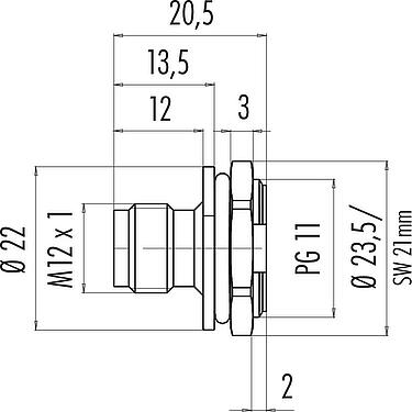 Scale drawing M12 Male panel mount connector, Contacts: 4, unshielded, solder, IP67, PG 11, Front mounting