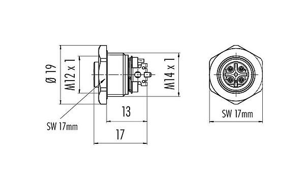 Scale drawing M12 Female panel mount connector, Contacts: 4, shieldable, SMT, IP67, M14x1.0, Front mounting