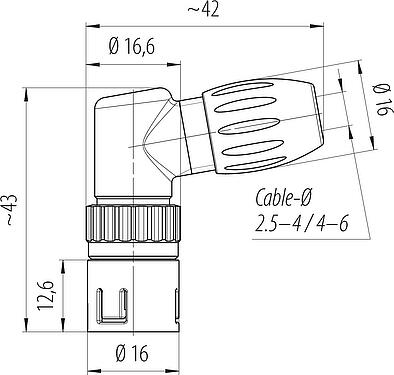 Scale drawing Snap-In Male angled connector, Contacts: 3, 2.5-4.0 mm, unshielded, solder, IP67
