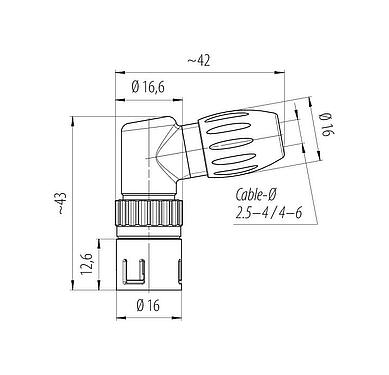 Dibujo a escala Snap-In Conector macho en ángulo, Número de contactos: 12, 4,0-6,0 mm, sin blindaje, soldadura, IP67
