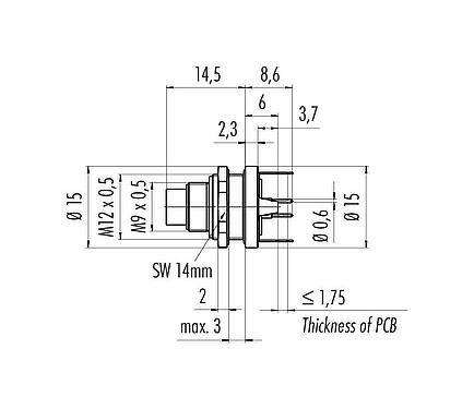 Scale drawing M9 Male panel mount connector, Contacts: 4, shieldable, THT, IP67, M12x0.5, Rear mounting, potted