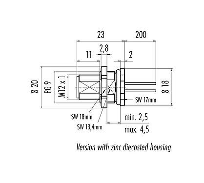 Scale drawing M12 Male panel mount connector, Contacts: 5, unshielded, single wires, IP68, UL 2238, PG 9, Rear mounting