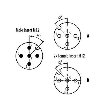 Contact arrangement (Plug-in side) M12 Twin distributors Y-distributor, male connector - 2 female connector, Contacts: 5/4, unshielded, pluggable, IP68, UL 2238