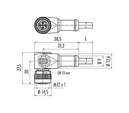 Dessin coté 77 4434 0000 20004-0200 - M12 Connecteur femelle coudé, Contacts: 4, non blindé, surmoulé sur le câble, IP69K, UL, PVC, gris, 4 x 0,34 mm², 2 m