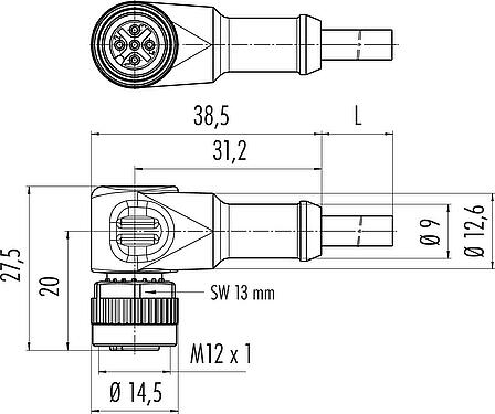 Dessin coté M12 Connecteur femelle coudé, Contacts: 4, non blindé, surmoulé sur le câble, IP68/IP69K, UL 2238, PUR, noir, 4 x 0,34 mm², 2 m