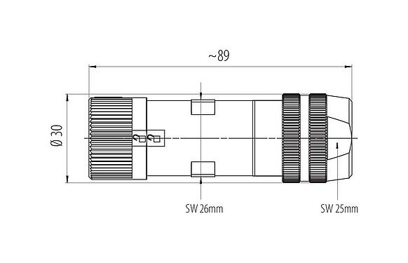 Scale drawing Bayonet Female cable connector, Contacts: 6 (3+PE+2), 7,0-14,0 mm, shieldable, screw clamp, IP67 plugged and locked, UL 2237