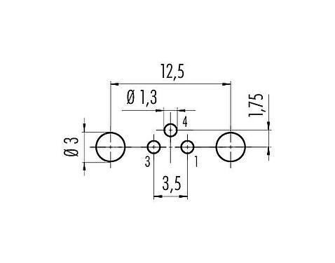 Conductor layout M8 Female panel mount connector, Contacts: 3, shieldable, THT, IP67, UL 2238, M10x0.75, Rear mounting, potted