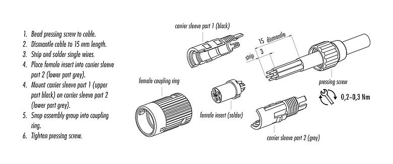 Assembly instructions Bayonet Female cable connector, Contacts: 4, 3.0-4.0 mm, unshielded, solder, IP40