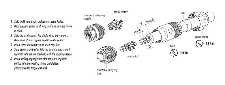 Instrucción de montaje RD24 Conector de cable macho, Número de contactos: 3+PE, 7,0-17,0 mm, sin blindaje, tornillo extraíble, IP67, UL, ESTI+, VDE