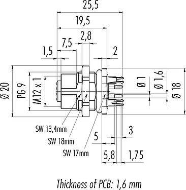 Dibujo a escala M12 Toma de brida, Número de contactos: 5, blindable, THT, IP68, UL 2238, PG 9, Montaje en pared, moldeado