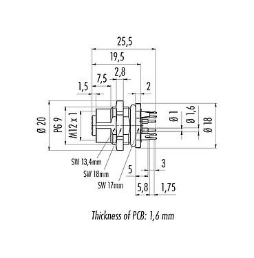 Scale drawing M12 Female panel mount connector, Contacts: 5, shieldable, THT, IP68, UL 2238, PG 9, Rear mounting, potted