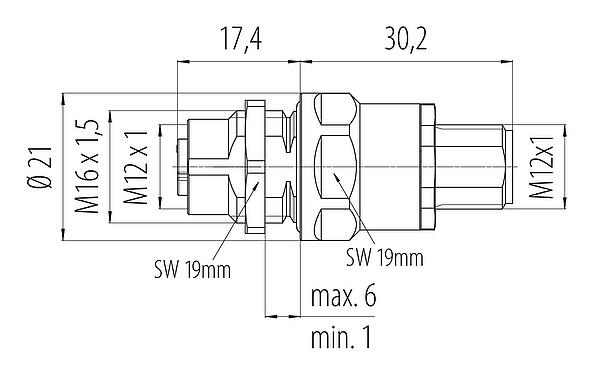 Dibujo a escala 09 5290 10 05 - M12 Casquillo del armario de distribución, Número de contactos: 4+PE, blindado, enchufable, IP67, UL 2238, M12x1,0, Montaje en pared