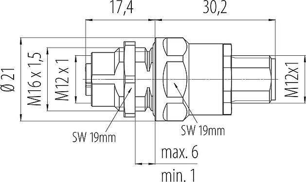 Dibujo a escala M12 Casquillo del armario de distribución, Número de contactos: 4+FE, blindado, enchufable, IP67, UL 2238, M12x1,0, Montaje en pared