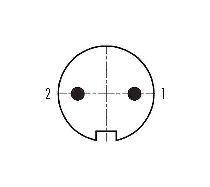 Disposición de los contactos (lado de la conexión) 09 0133 72 02 - M16 Conector macho en ángulo, Número de contactos: 2 (02-a), 6,0-8,0 mm, sin blindaje, soldadura, IP40