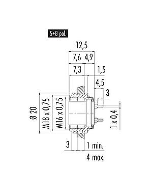 Scale drawing M16 Female panel mount connector, Contacts: 5 (05-b), unshielded, THT, IP40, M18x0,75, Rear mounting