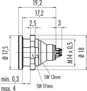 Scale drawing Push Pull Female panel mount connector, Contacts: 4, unshielded, solder, IP67, M14x0,5, Front mounting