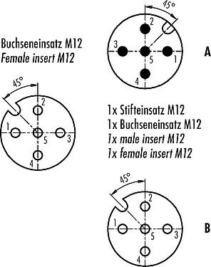 Contact arrangement (Plug-in side) M12 Twin distributors, T-distributor, male connector - 2 female connector, Contacts: 5, unshielded, pluggable, IP68, UL 2238