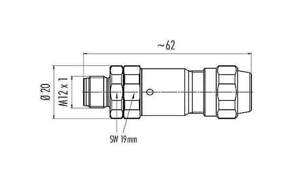 Dibujo a escala M12 Conector de cable macho, Número de contactos: 4, 5,5-8,6 mm, blindable, tornillo extraíble, IP69K, UL 2238, Acero inoxidable, con anillo de protección