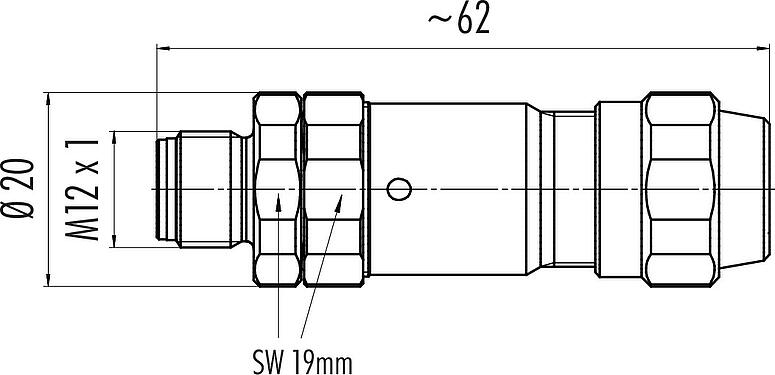Dessin coté M12 Connecteur mâle, Contacts: 4, 5,5-8,6 mm, blindable, pince à visser, IP69K, UL 2238, Acier inoxydable, avec anneau de protection