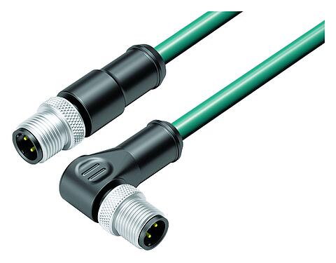 Illustration M12 Connecting cable male cable connector - male angled connector, Contacts: 4, shielded, moulded on the cable, IP67, UL, Ethernet CAT5e, TPE, teal, 2 x 2 x AWG 24, 5 m