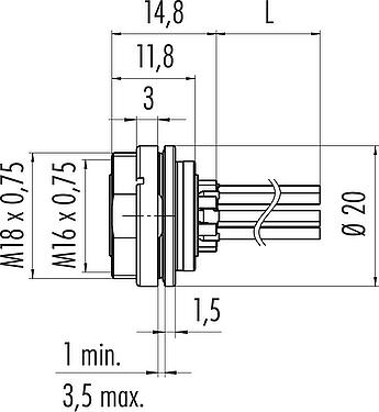 Scale drawing M16 Female panel mount connector, Contacts: 4 (04-a), unshielded, single wires, IP67, UL 2238, M18x0,75, Rear mounting