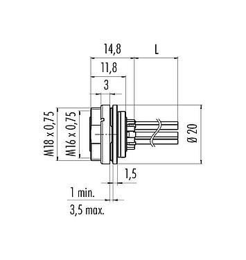 Scale drawing M16 Female panel mount connector, Contacts: 5 (05-a), unshielded, single wires, IP67, UL 2238, M18x0,75, Rear mounting