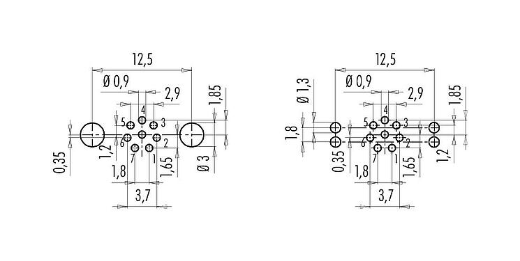 Conductor layout 09 0427 35 08 - M9 Male panel mount connector, Contacts: 8, shieldable, THT, IP67, Front mounting
