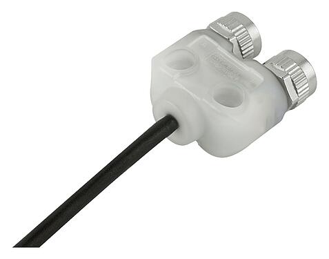 Illustration M12 Twin distributors, Y-distributor, male connector - 2 female connector, Contacts: 4, unshielded, moulded on the cable, IP68, UL 2238, PUR, black, 4 x 0.25 mm², with LED PNP closer, 2 m