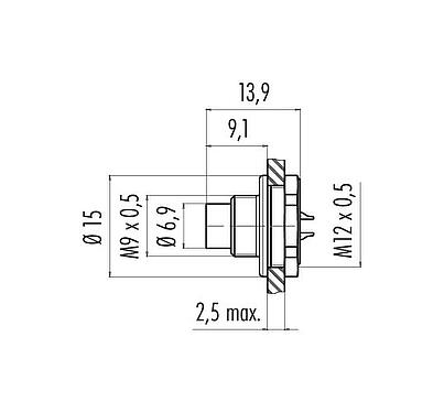 Dessin coté M9 Embase mâle, Contacts: 3, non blindé, souder, IP67, M12x0,5, Montage frontal, coulé