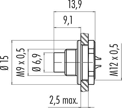 Dibujo a escala M9 Enchufe de brida, Número de contactos: 7, sin blindaje, soldadura, IP67, M12x0,5, Montaje frontal, moldeado