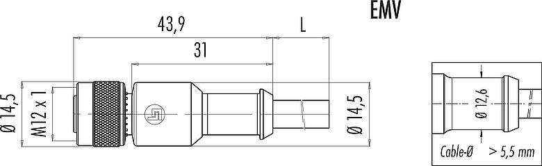 Scale drawing M12 Female cable connector, Contacts: 5, shielded, moulded on the cable, IP67, UL 2238, PVC, grey, 5 x 0.25 mm², 5 m
