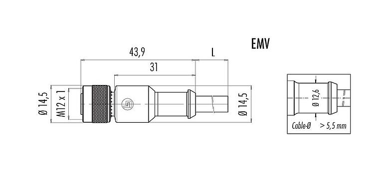 Dibujo a escala M12 Conector de cable hembra, Número de contactos: 3, blindado, moldeado en el cable, IP67, UL 2238, PVC, gris, 3 x 0,34 mm², 10 m