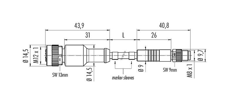 Scale drawing M12/M8 Female cable connector - Male cable connector, Contacts: 3, unshielded, moulded on the cable, IP67/IP69K, UL 2238, PUR, black, 3 x 0.34 mm², 1 m