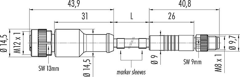 Dessin coté M12/M8 Connecteur femelle - Connecteur mâle, Contacts: 4, non blindé, surmoulé sur le câble, IP67/IP69K, UL 2238, PUR, noir, 4 x 0,34 mm², 1 m