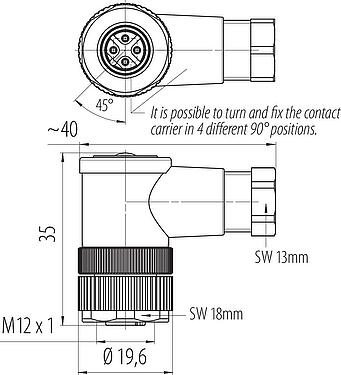 Dessin coté M12 Connecteur femelle coudé, Contacts: 4, 4,0-6,0 mm, non blindé, pince à visser, IP67, UL 2238