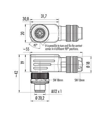 Dibujo a escala M12 Conector macho en ángulo, Número de contactos: 4, 6,0-8,0 mm, blindable, tornillo extraíble, IP67, UL 2238, con anillo de protección