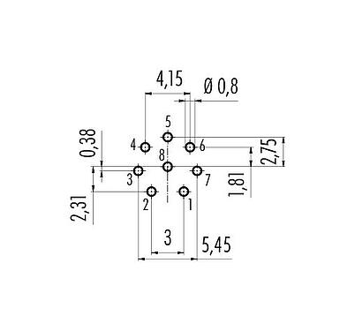 Conductor layout M12 Female panel mount connector, Contacts: 8, unshielded, THT, IP68, UL 2238, M16x1.5, Front mounting