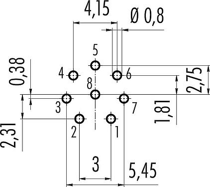 Conductor layout M12 Female panel mount connector, Contacts: 8, unshielded, THT, IP68, UL 2238, M16x1.5, Rear mounting
