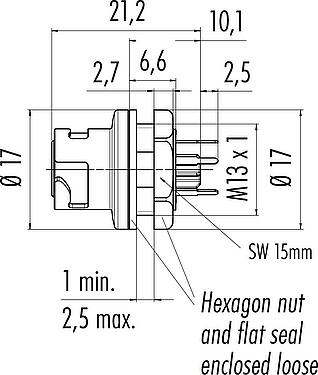 Scale drawing Bayonet Female panel mount connector, Contacts: 5, unshielded, THT, IP54 unplugged, M13x1,0, Front mounting